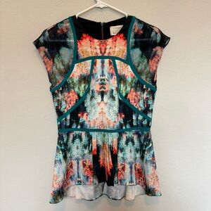 Artelier by Nicole Miller Multicolor Floral Short Sleeve Blouse Small